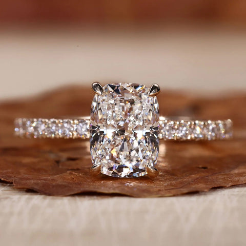 Hidden Halo Engagement Ring, Elongated Cushion Cut Lab Grown Diamond Ring