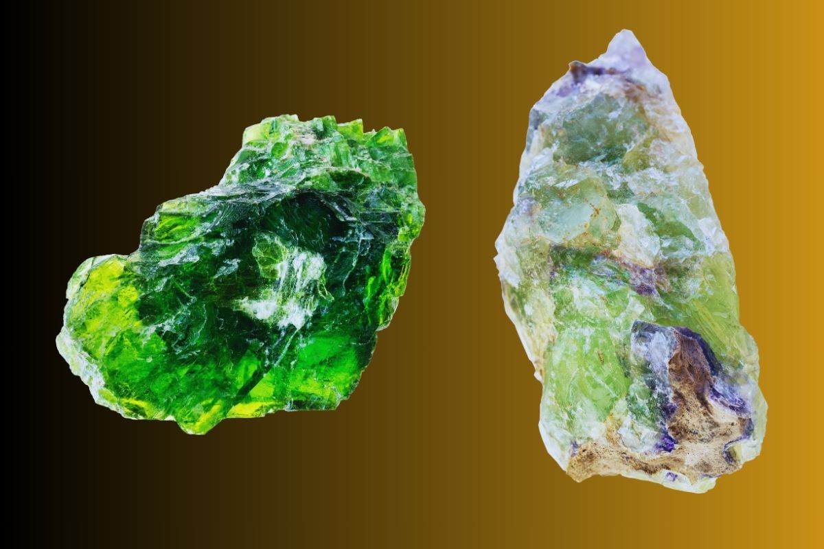 Emerald in raw form on the left side and Green Sapphire on right side.
