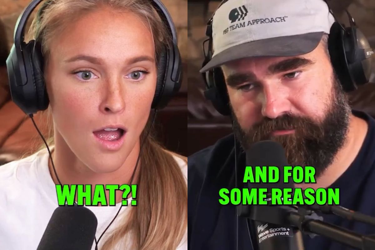 Kelce couple during a podcast show.