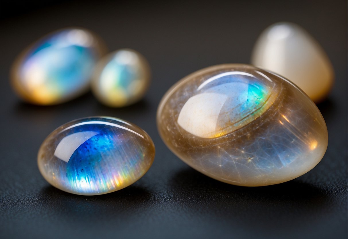 Moonstone and rainbow moonstone kept together.