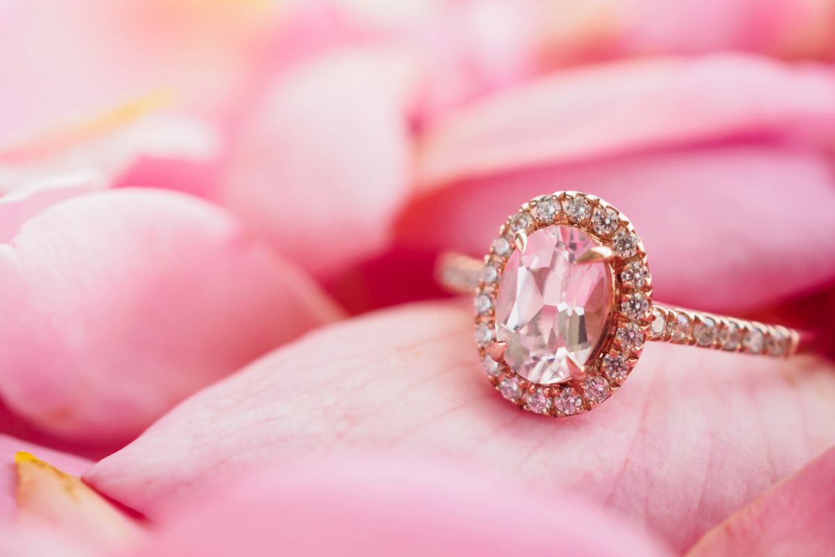 Morganite ring on the rose petal