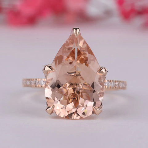 Natural Peach Morganite Engagement Ring, 5.90 CT Pear Cut Morganite Ring, November Birthstone Ring