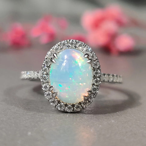 Opal Gemstone Engagement Ring, 1.34 CT Oval October Birthstone Wedding Ring, Halo Round Moissanite