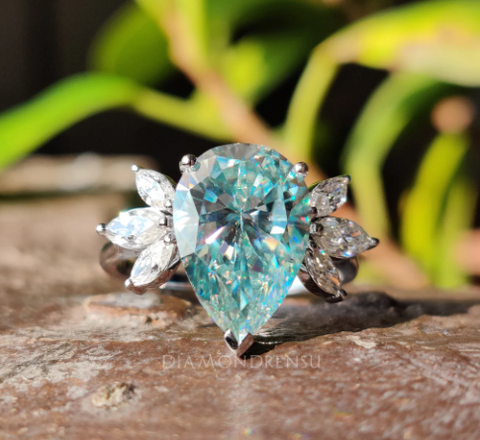 Pear Cut Blue Moissanite Ring, Marquise Cut Muse Engagement Ring