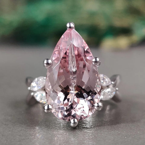 Natural Pink Morganite Engagement Ring, Rare 5.58 CT Pear Cut November Birth Stone Ring