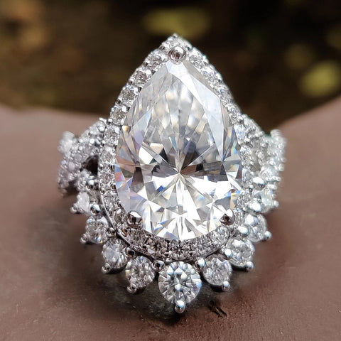 7.36 TW Pear Crushed Ice Moissanite Ring, Crossover Pave Set Unique Moissanite Engagement Ring
