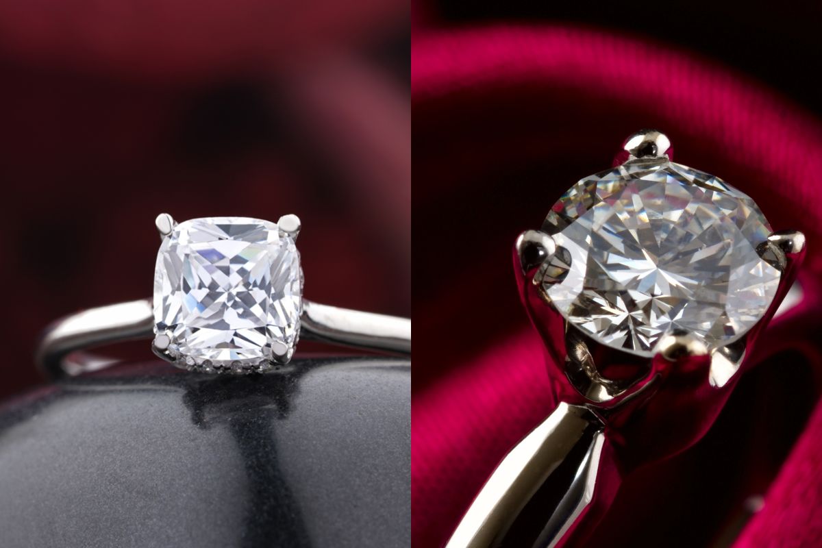 Princess Cut engagement ring on left and round cut on the right side of the picture.