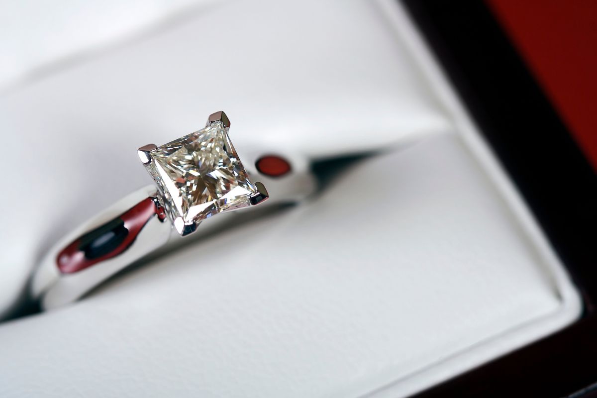 Princess cut diamond ring in a shop