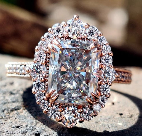3.74 TCW Radiant Cut Moissanite Intricate Vintage Halo Engagement Ring