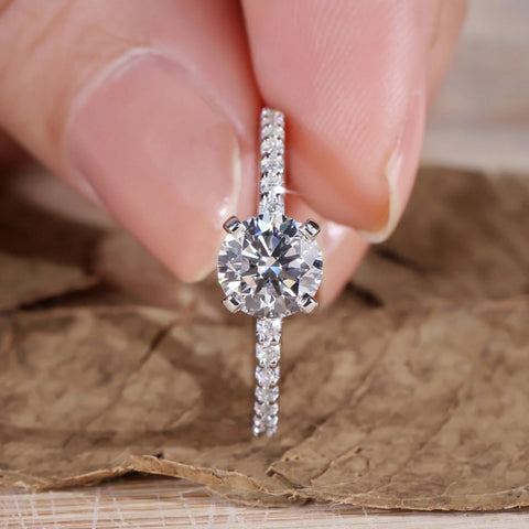 Round Diamond Ring, 1.01 CT Lab Created Diamond Engagement Ring, Pave Set Lab Diamond Ring