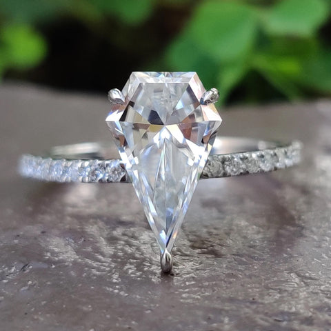 Antique and Special 1.73 TCW Spear Cut Colorless Moissanite Engagement Ring