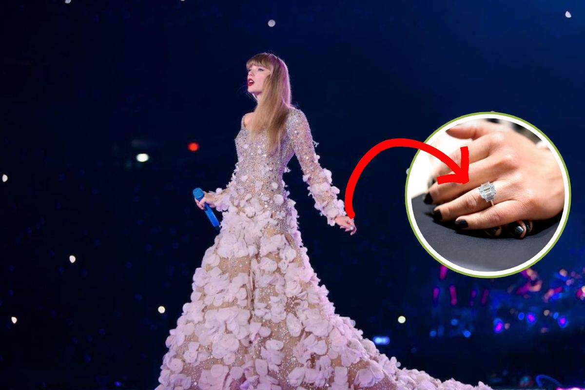 Taylor swift at her concert performing for her fans and a close up view of her diamond ring