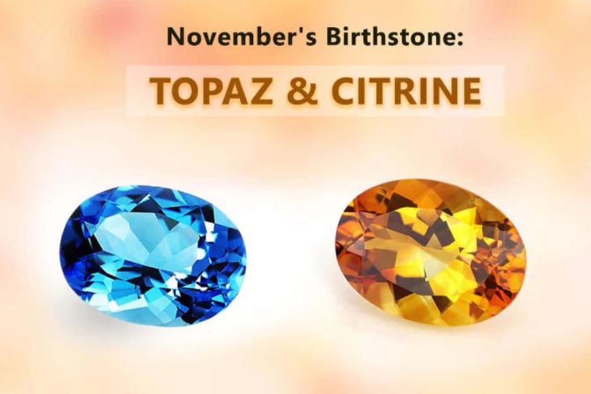 Topaz on the left and citrinen gemstone on the right side og the image.
