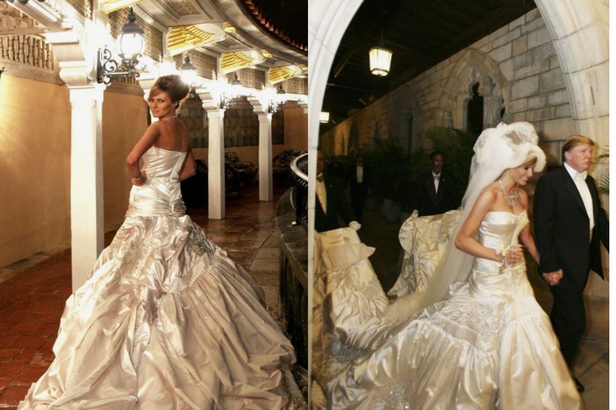Two photos of melenia trump in her wedding attire.
