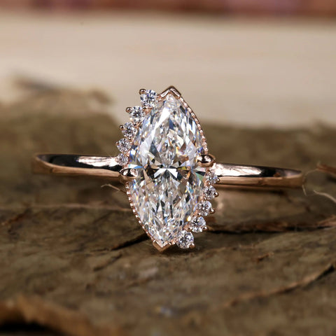 Vintage Inspired Halo Engagement Ring, 1.03 CT Marquise Cut E/VS Lab Diamond Ring, Milgrain Setting Ring