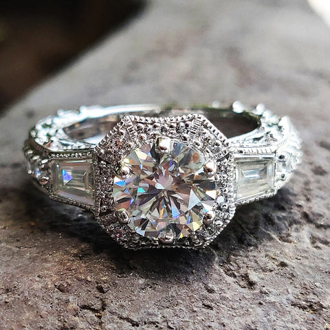 Antique Vintage 1.59 TCW Round Baguette Moissanite Engagement Ring