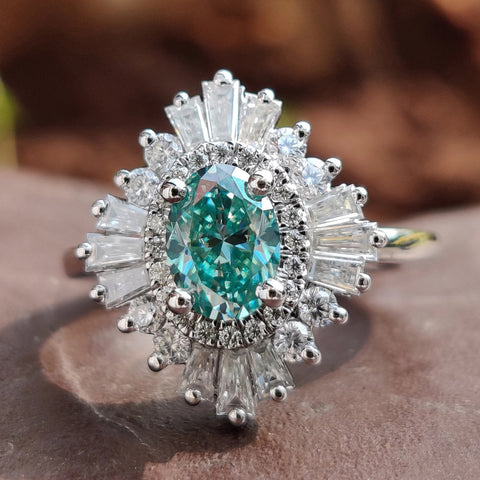 0.81 CT Oval Cyan Blue Moissanite Ring, Vintage Engagement Ring