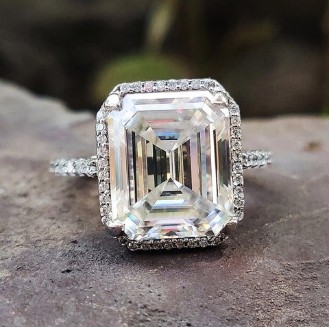 5.00 CT Emerald Cut Colorless Pave Halo Moissanite Engagement Ring