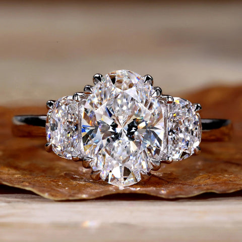 IGI Certified 2.01 CT Oval and Half Moon Lab Grown Diamond Three Stone Engagement Ring