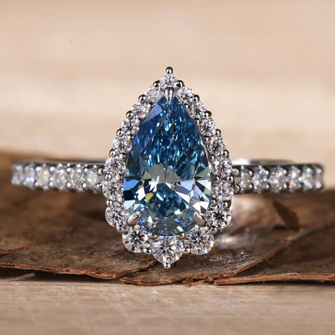 1.03 CT Pear Blue Diamond Ring, Pear Lab Grown Blue Diamond Engagement Ring