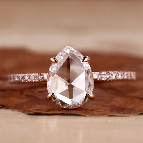 Pear Rose Cut Lab Created Diamond Pave Engagement Ring
