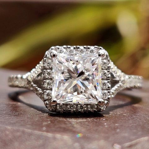 1.77 CT Princess Cut Colorless Moissanite Halo Engagement Ring for Women