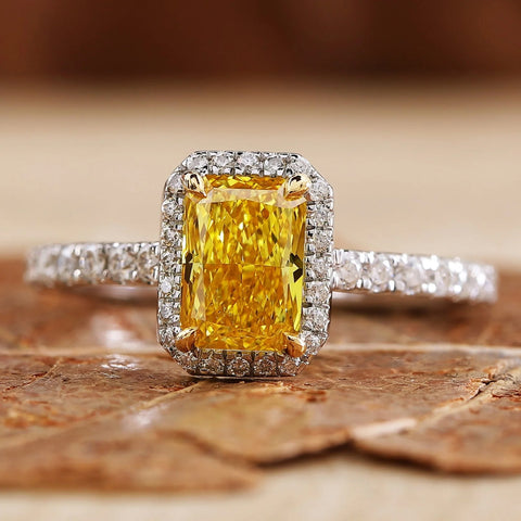Rare 1.03 CT Radiant Cut Yellow Lab Grown Diamond Halo Engagement Ring