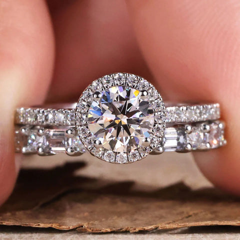 0.85 CT Round Lab Created Diamond Ring, Emerald Cut Wedding Band, Diamond Bridal Set