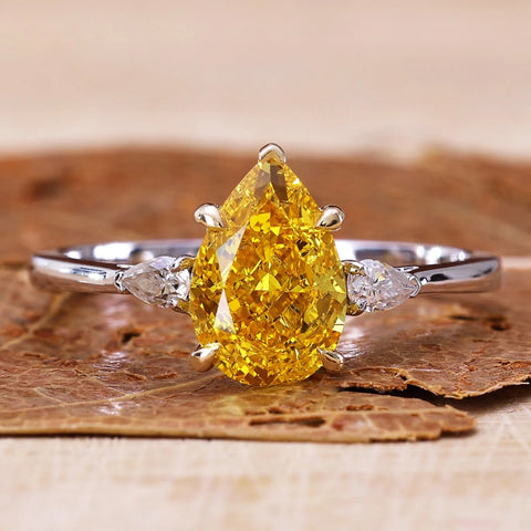 1.61 CT Pear Cut Intense Yellow Lab Grown Diamond Three Stones Engagement Ring
