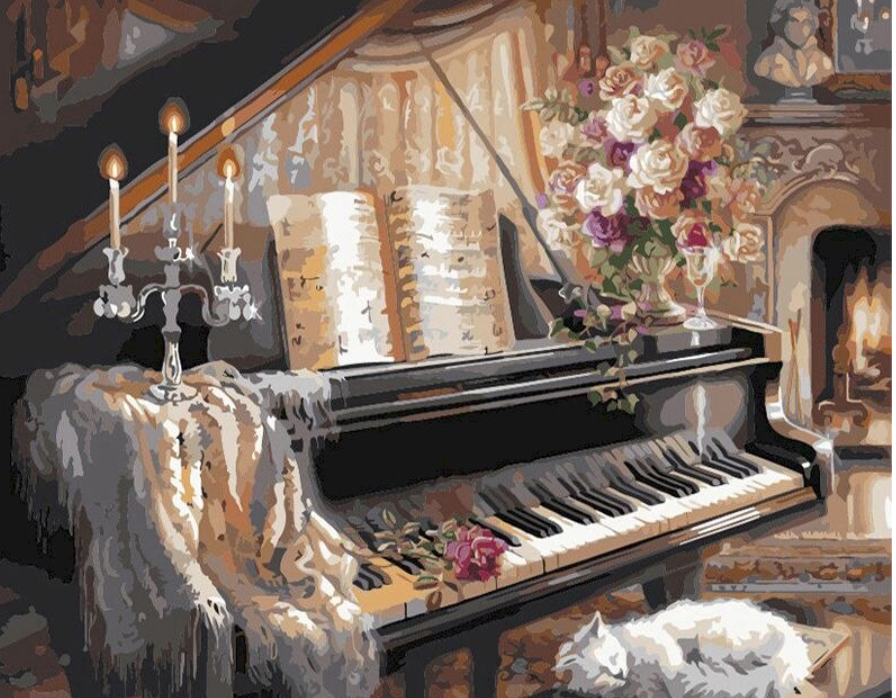 Antieke piano op kant en klaar canvas 40x50 cm – Diamondpainting-Holland
