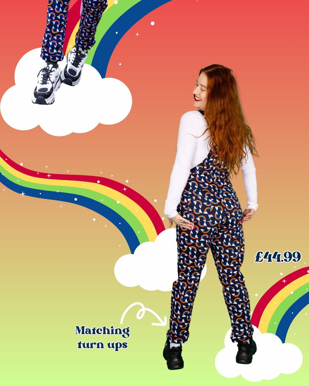 On the right is a long red hair femme model facing away smiling over her shoulder with her hands resting on the back dungaree pockets wearing the over the rainbow and clouds stretch twill dungarees from Run & Fly with a long sleeve white tshirt and black trainers. The background is a red to green gradient background with sparkly rainbows and white clouds with retro style text reading '£44.99' and 'Matching turn ups'.