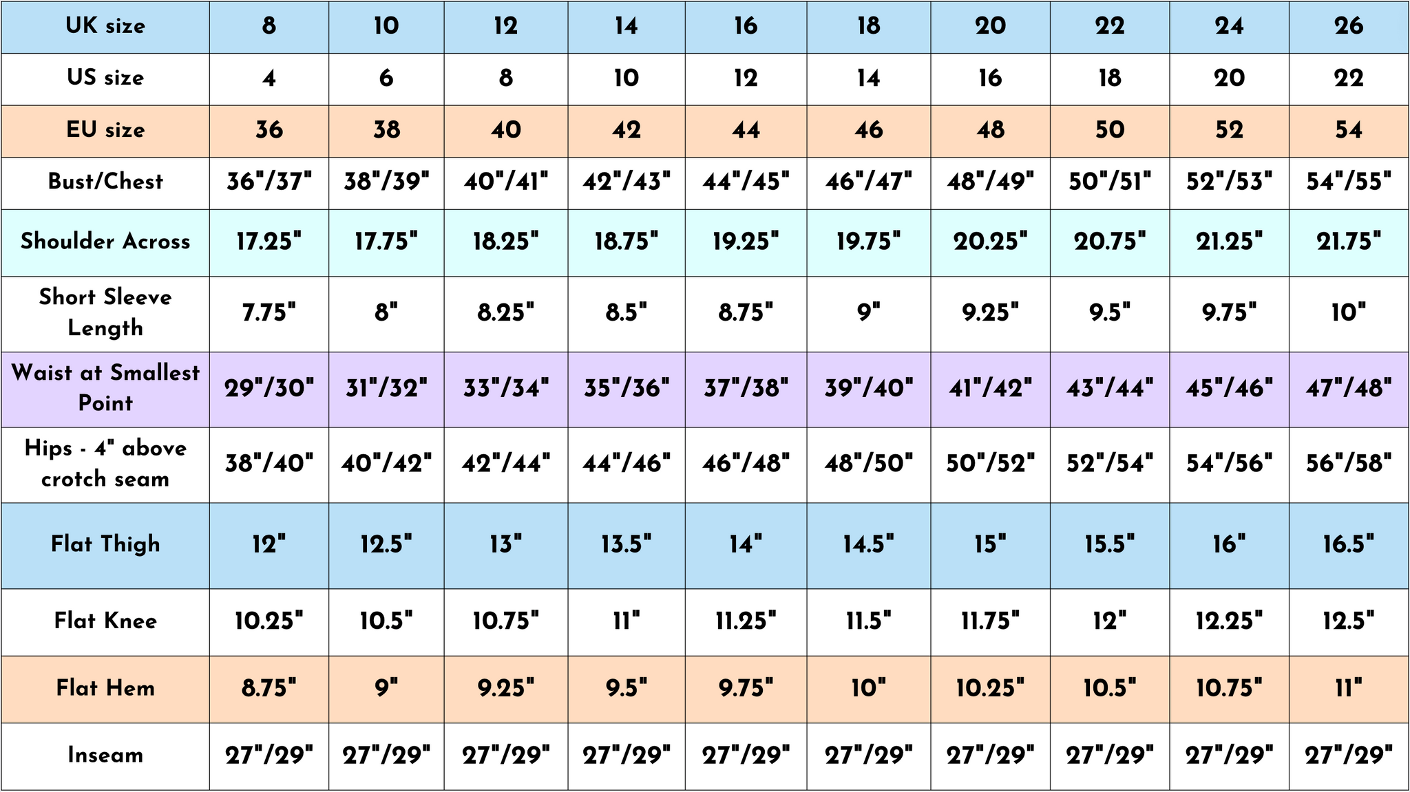 Size chart size guide measurements in inches of the Run and Fly cosmic space jumpsuit.