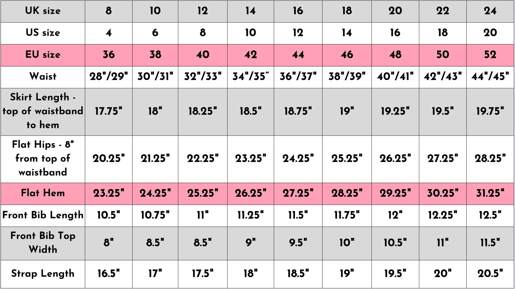 Size chart size guide measurements in inches of the Run and Fly black and viva magenta checkerboard stretch twill pinafore dress laid flat.