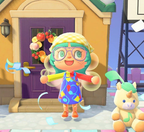 Photo taken in game. Animal Crossing character stood outside their house wearing the galaxy print pinafore dress they designed in game.