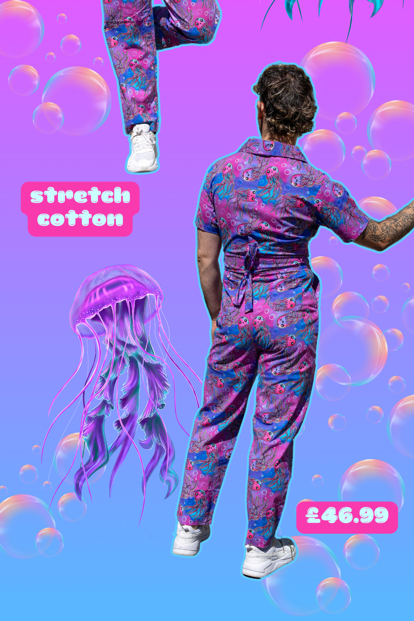 A model wears a vibrant jellyfish-themed jumpsuit made from stretch cotton, designed by Run & Fly, an ethical slow fashion brand. The background features colourful bubbles and a glowing jellyfish illustration. Price: £46.99.