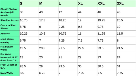 Size chart for Run & Fly Jungle Unisex Shirt