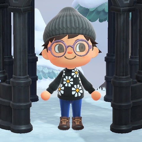 Photo taken in game. Animal Crossing character wearing the Daisy Chain black jumper they designed in game.