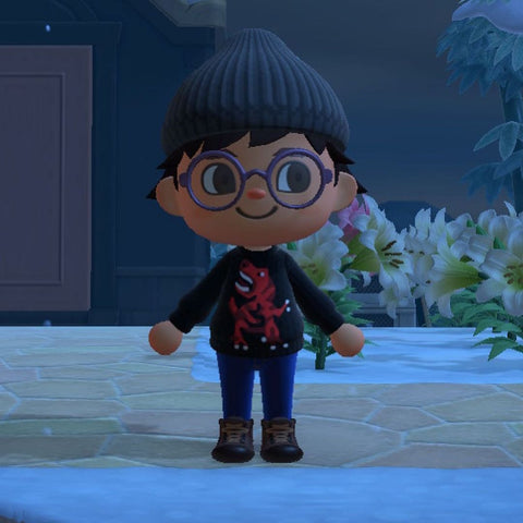 Photo taken from in the game Animal Crossing. Character is stood outside wearing the roar dino jumper.