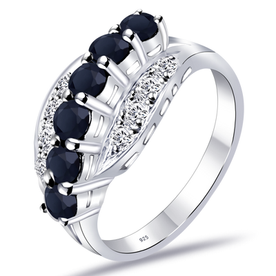 Blue Sapphire & White Cubic Zirconia Promise Ring Sterling Silver
