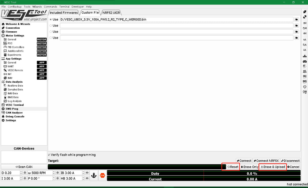 Erase and upload firmware by SWD prog in vesc tool