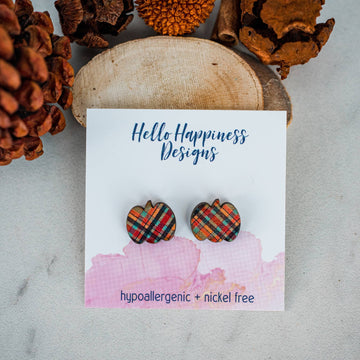 Orange & Aqua Plaid Pumpkin Studs - Fall Thanksgiving