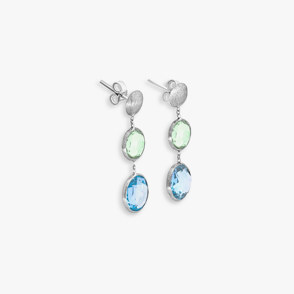 9K satin white gold Kensington drop earrings with topaz and green amet ...