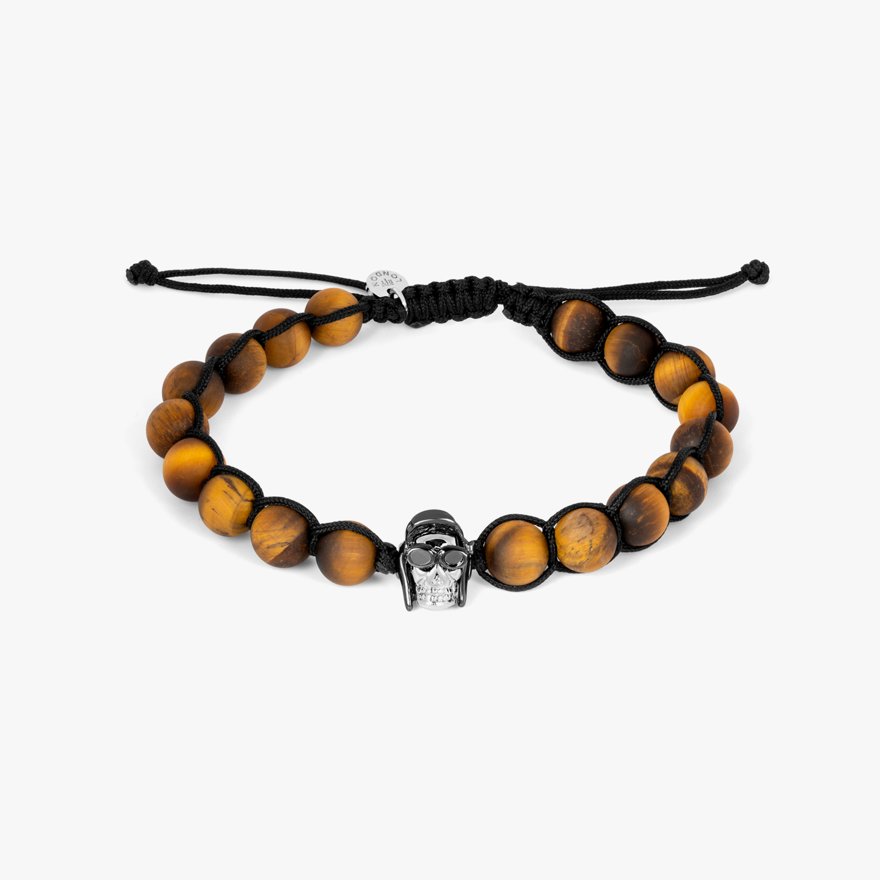 aviator skull bead bracelet with black macrame and tiger eye in stainless steel, s