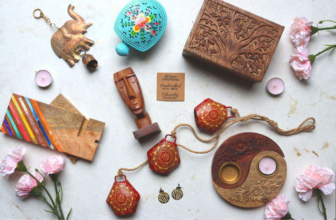 Flatlay of Aksa Home Decor fair trade products