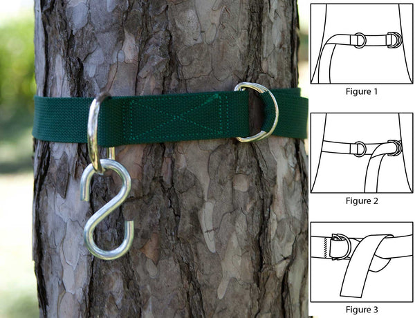 Instructions illustrating the steps on how to setup the tree hugger strap