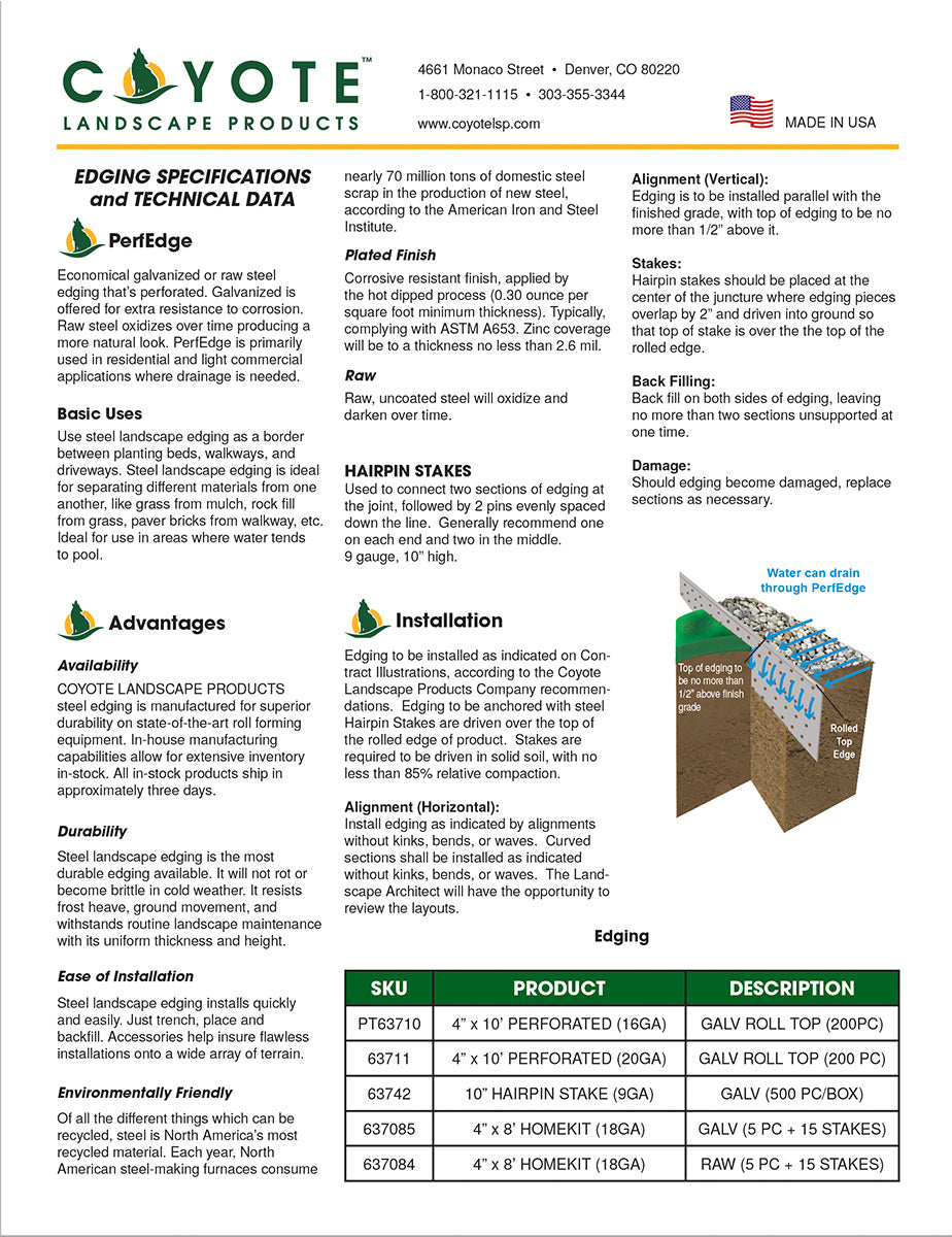 Coyote Landscape Products PerfEdge Steel Edging Specifications Sheet