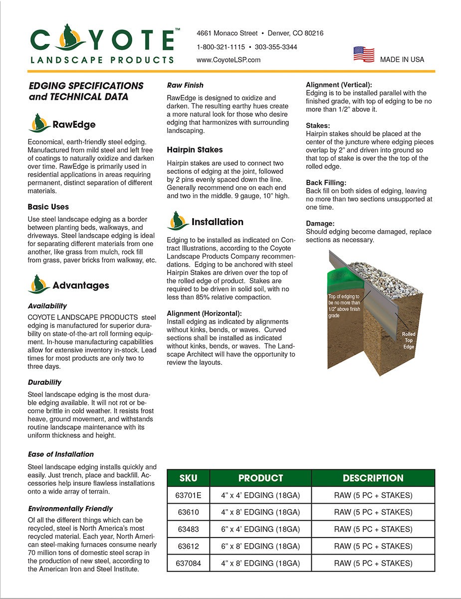 Coyote Landscape Products RawEdge Steel Edging Specifications Sheet