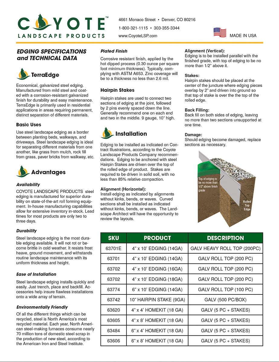 Coyote Landscape Products TerraEdge Steel Edging Specifications Sheet