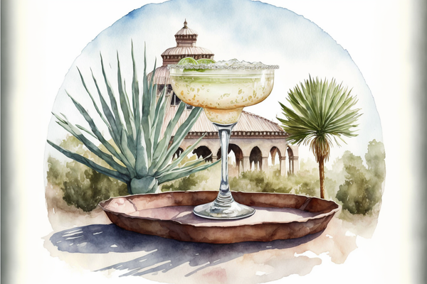 Margarita cocktail painted in a Mexican hacienda with agave plants in background