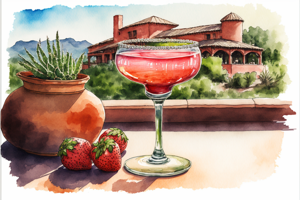 Strawberry margarita painted in Mexican hacienda in summer surrounded by fields of agave plants